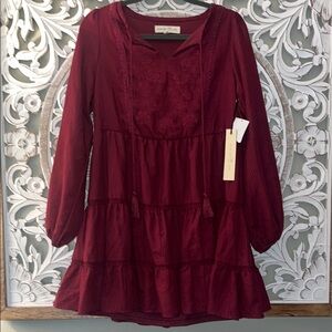 Penelope Rose Plus Wine Color Embroidered Tiered Ruffle Boho / Western Dress NWT